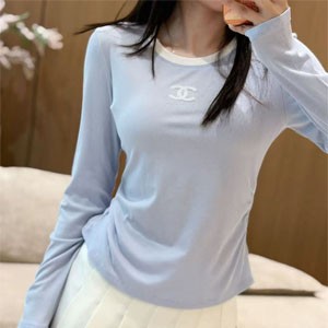 シャネル 長袖 Tシャツ レディース  ライトブルー 春 夏 着痩せ エレガント おしゃれ