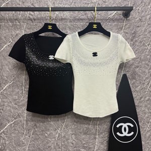 シャネル風 きらきらビジュー装飾 半袖 Tシャツ 上着 レディース 春 夏 ファッション