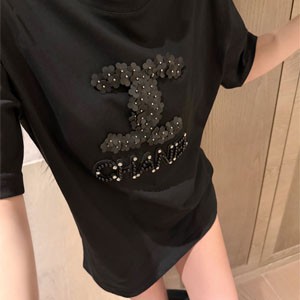 レディース Chanel ブラック 半袖 Tシャツ 綿100% オーバーサイズ 韓国 ファッション 