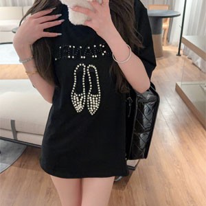 高級感 シャネル tシャツ レディース ブラック オーバーサイズ 上品 パール装飾