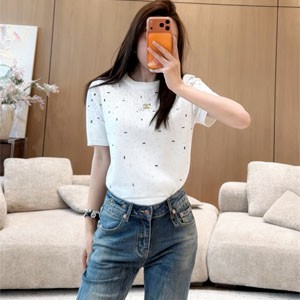 シャネル ラインストーンショート丈 Tシャツ 女性 サイズ 半袖 白黒 