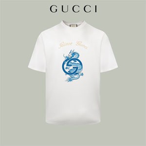 GUCCI GGロゴ Tシャツ 和柄 龍 竜柄 プリント 高级感 ホワイト メンズTシャツ