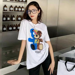 フェンディ風 半袖Ｔシャツ クマ 熊プリント クルーネック 白 レディーストップス
