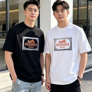 エルメス ロゴ Tシャツ  メンズ ショート丈 クルー ネック シルクコットン ブラック ホワイト