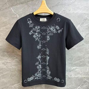 エルメス マキシプリント Tシャツ トップス 綿100％ ブラック/ホワイト