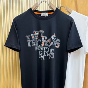 エルメス 半袖Tシャツ メンズ クルーネック  ブランド 夏服 ブラック ホワイト2色