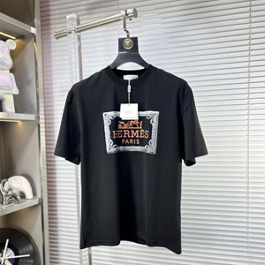 エルメス ロゴ Tシャツ  メンズ ショート丈 クルー ネック シルクコットン ブラック ホワイト