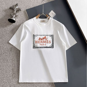 エルメス ロゴ Tシャツ  メンズ ショート丈 クルー ネック シルクコットン ブラック ホワイト