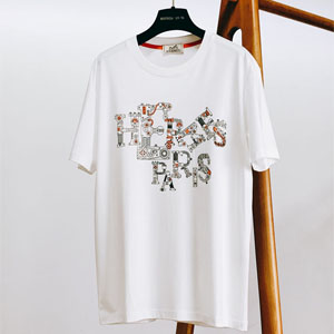 エルメス 半袖Tシャツ メンズ クルーネック  ブランド 夏服 ブラック ホワイト2色